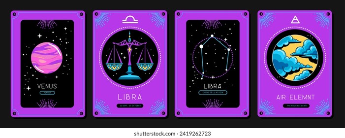 Set of fluorescent cartoon magic witchcraft cards with astrology Libra zodiac sign characteristic. Vector illustration