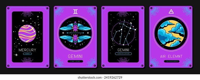 Set of fluorescent cartoon magic witchcraft cards with astrology Gemini zodiac sign characteristic. Vector illustration