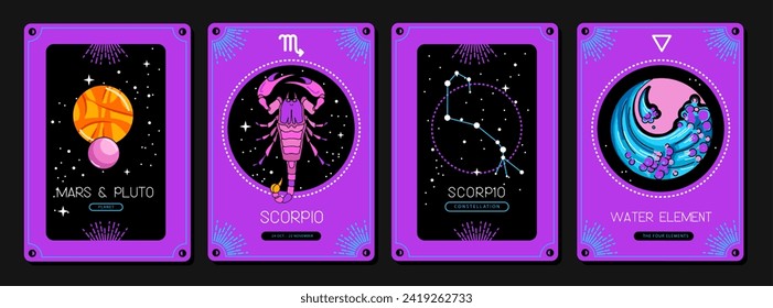Set of fluorescent cartoon magic witchcraft cards with astrology Scorpio zodiac sign characteristic. Vector illustration