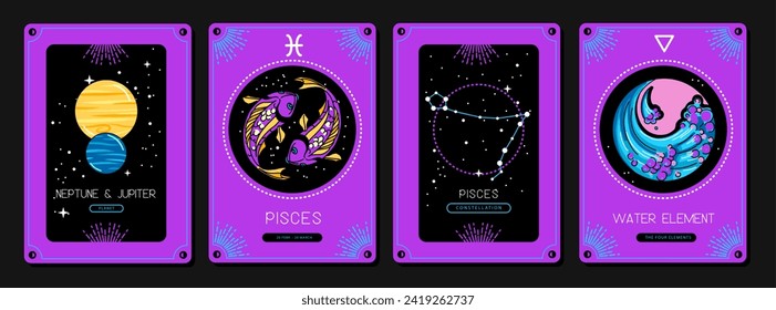 Conjunto de tarjetas de brujería mágica de dibujos animados fluorescentes con características de signo de zodiaco Pisces. Ilustración del vector