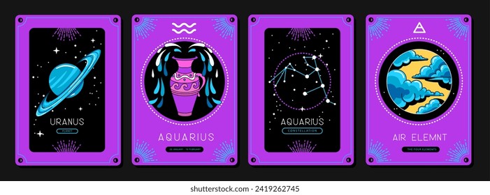 Set of fluorescent cartoon magic witchcraft cards with astrology Aquarius zodiac sign characteristic. Vector illustration