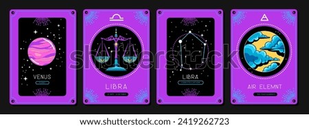 Set of fluorescent cartoon magic witchcraft cards with astrology Libra zodiac sign characteristic. Vector illustration