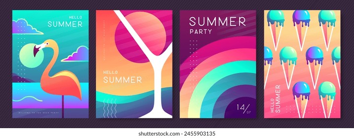 Conjunto de carteles de verano de colores fluorescentes con atributos de verano. Cóctel de silueta cosmopolita, flamenco, helado y arco iris. Ilustración vectorial