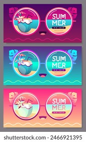 Set of fluorescent flat summer big sale posters with round sunglasses silhouette and pina colada cocktail. Vector illustration