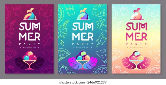 Conjunto de carteles de fiesta de discoteca plana fluorescente de verano con sirena y helado. Ilustración vectorial