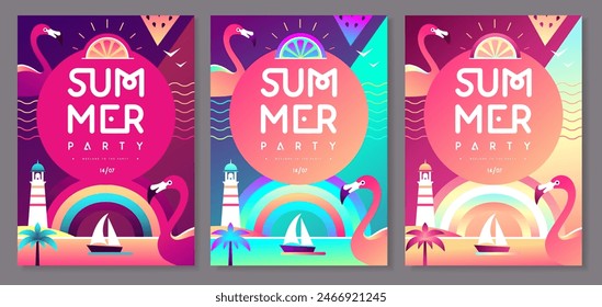 Conjunto de afiches de fiesta de discoteca plana fluorescente de verano con flamenco, faro y paisaje tropical. Ilustración vectorial