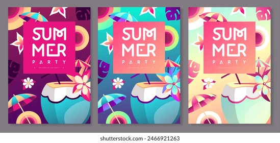 Conjunto de afiches de fiesta de discoteca plana fluorescente de verano con atributos de verano. Cóctel de piña colada, frutas tropicales y hojas. Ilustración vectorial