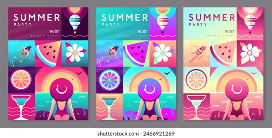 Conjunto de carteles de fiesta de discoteca plana fluorescente de verano con atributos de verano. Cóctel , frutas tropicales, chica con sombrero y globo aerostático. Ilustración vectorial