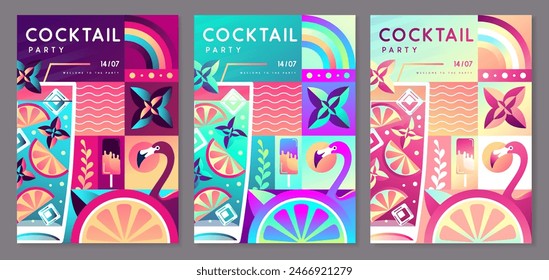 Conjunto de carteles de fiesta de discoteca plana fluorescente de verano con atributos de verano. Cóctel de mojito, flamenco, helado, arco iris y naranja. Ilustración vectorial