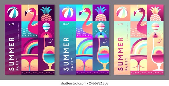 Conjunto de carteles de fiesta de discoteca plana fluorescente de verano con atributos de verano. Silueta de cóctel, flamenco, piña, arco iris y globo aerostático. Ilustración vectorial