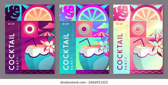 Conjunto de carteles de fiesta de discoteca plana fluorescente de verano con atributos de verano. Cóctel de piña colada, frutas tropicales y hojas. Ilustración vectorial