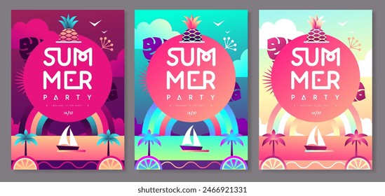 Conjunto de afiches de fiesta de discoteca plana fluorescente de verano con piña, arco iris y paisaje tropical. Ilustración vectorial