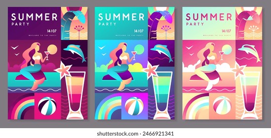 Conjunto de afiches de fiesta de discoteca plana fluorescente de verano con atributos de verano. Sirena con cóctel, delfín, hojas tropicales y arco iris. Ilustración vectorial