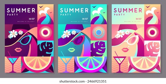 Conjunto de afiches de fiesta de discoteca plana fluorescente de verano con atributos de verano. Chica en sombrero, cola de sirena, cóctel cosmopolita y naranja. Ilustración vectorial