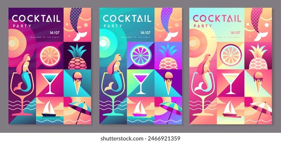 Set of Fluorescent flat summer disco party posters with summer attributes. Cocktail , tropic fruits, mermaids, ice cream and ship. Vector illustration