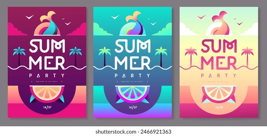 Conjunto de afiches de fiesta de discoteca plana fluorescente de verano con cola de sirena. Ilustración vectorial