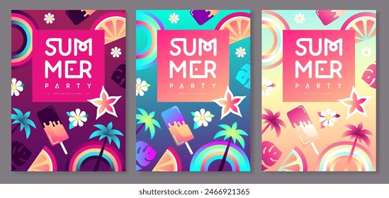 Conjunto de afiches de fiesta de discoteca plana fluorescente de verano con helado, arcoiris y frutas tropicales. Ilustración vectorial