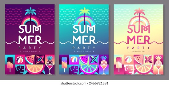 Conjunto de afiches de fiesta de discoteca plana fluorescente de verano con atributos de verano. Ilustración vectorial