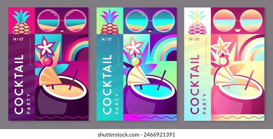 Set of fluorescent flat summer disco party posters with summer attributes. Pina colada cocktail , tropic fruits and sunglasses. Vector illustration