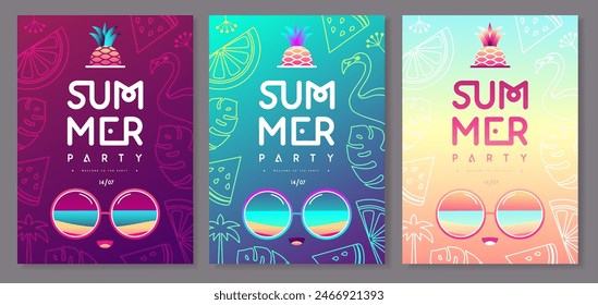 Conjunto de carteles de fiesta de discoteca plana fluorescente de verano con piña y gafas de sol. Ilustración vectorial