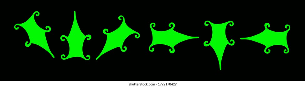 Set of fluorescent green figure arrows in antique form in different directions on black background for the design of websites, articles, banners and templates. Vector illustration.