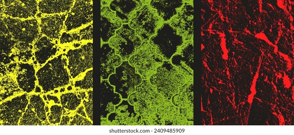 Establece texturas fluorescentes de color negro aislado. Fondo retro neón. Fondo templado de color ácido. Ilustración del vector EPS 10