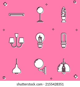 Set Fluorescent lamp, Floor, Chandelier, Light bulb, LED light, Lamp hanging and Wall sconce icon. Vector