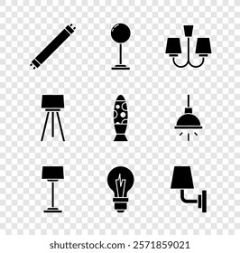 Set Fluorescent lamp, Floor, Chandelier, Light bulb, Wall sconce,  and  icon. Vector