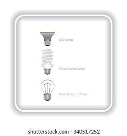 Set, fluorescent lamp, LED lamp, incandescent bulb . icon. vector design