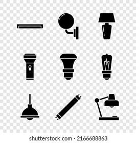 Set Fluorescent Lamp, Wall Sconce, Table, Lamp Hanging, Flashlight And LED Bulb Icon. Vector