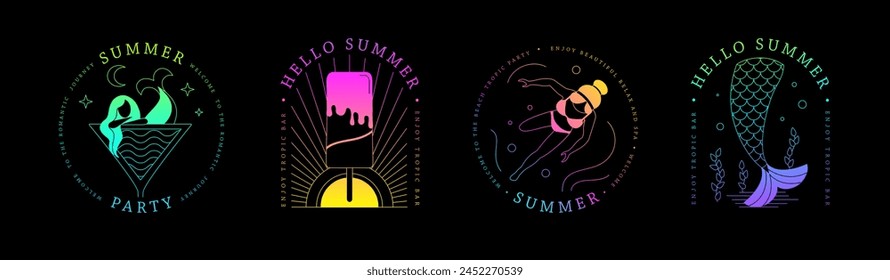 Set of fluorescent line art summer icons with swimming girl, cosmopolitan cocktail, mermaid and ice cream. Set of summer posters. Vector illustration