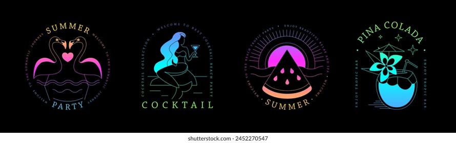 Set of fluorescent line art summer icons with flamingo, pina colada cocktail, mermaid and watermelon. Set of summer posters. Vector illustration