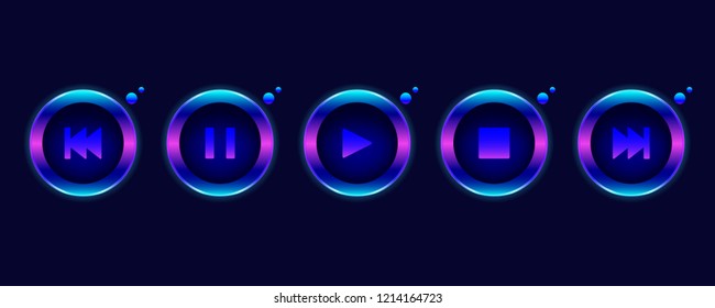 Set of fluorescent media player button on dark blue background