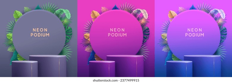 Set of fluorescent neon showcase backgrounds with 3d podium and tropic leaves.  Summer nature concept. Vector illustration