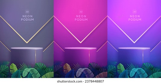 Conjunto de fondos de neón fluorescente con hojas tropicales y podio 3d.  Concepto de naturaleza veraniega. Ilustración del vector