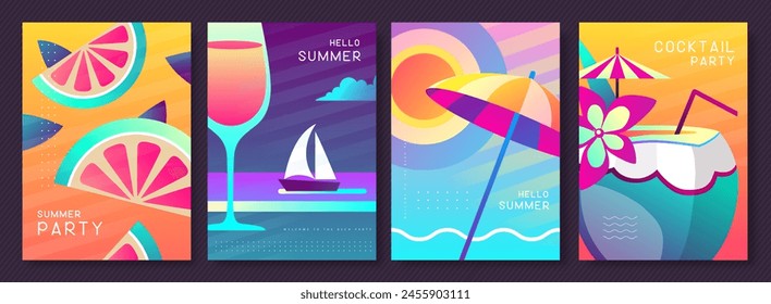 Set of fluorescent posters with summer attributes. Wine glass silhouette, pina colada, fruil slices, beach umbrella and ship. Vector illustration