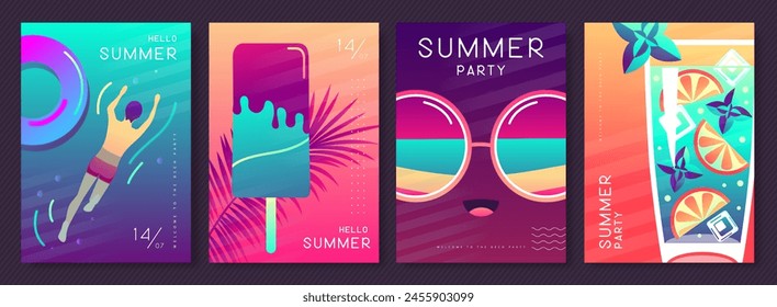 Set of fluorescent summer posters with summer attributes. Mojito cocktail, sunglasses, ice cream, swim ring and swimming man. Vector illustration