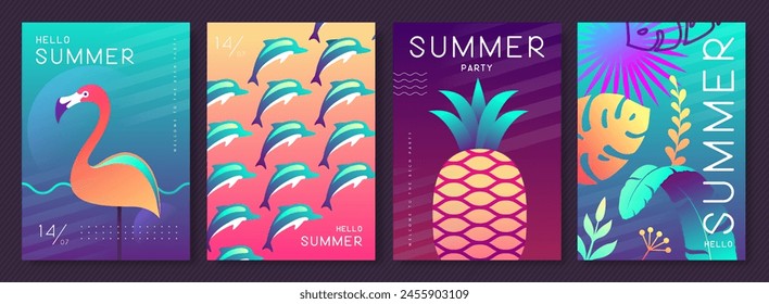 Set of fluorescent summer posters with summer attributes. Flamingo silhouette, dolphins, pineapple, tropic leaves background. Vector illustration