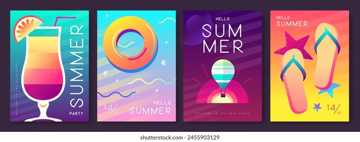 Conjunto de carteles fluorescentes de verano con atributos de verano. Silueta de cóctel, amanecer de tequila, globo aerostático, anillo de natación y chanclas. Ilustración vectorial