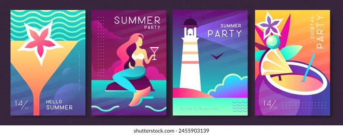 Set of fluorescent summer posters with summer attributes. Cocktail silhouette, pina colada, mermaid, lighthouse and sea. Vector illustration