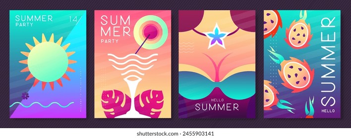 Set of fluorescent summer posters with summer attributes. Cocktail silhouette, flamingo, girl in swimsuit and dolphin silhouette. Vector illustration