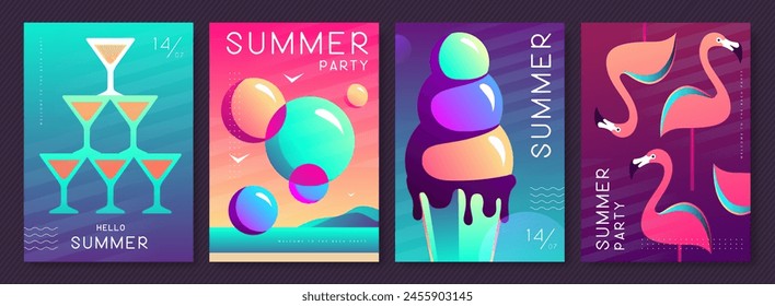 Set of fluorescent summer posters with summer attributes. Cocktail cosmopolitan silhouette, flamingo, ice cream and soap bubbles. Vector illustration