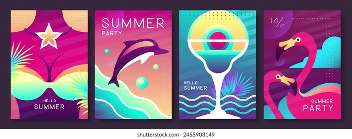 Set of fluorescent summer posters with summer attributes. Cocktail silhouette, flamingo, girl in swimsuit and dolphin silhouette. Vector illustration