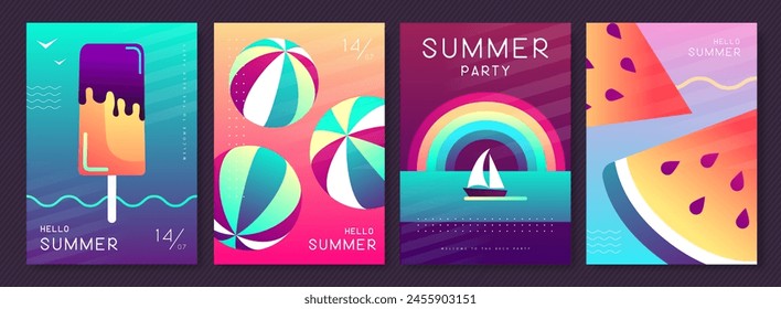 Conjunto de carteles fluorescentes de verano con atributos de verano. Helado, pelota de playa, sandía, arco iris y barco. Ilustración vectorial