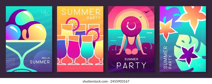 Set of fluorescent summer posters with summer attributes. Cocktail silhouette, tequila sunrise, ice cream, tropic leaves and girl on the beach. Vector illustration