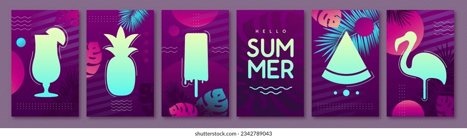 Set of fluorescent summer posters with silhouette. Vector illustration