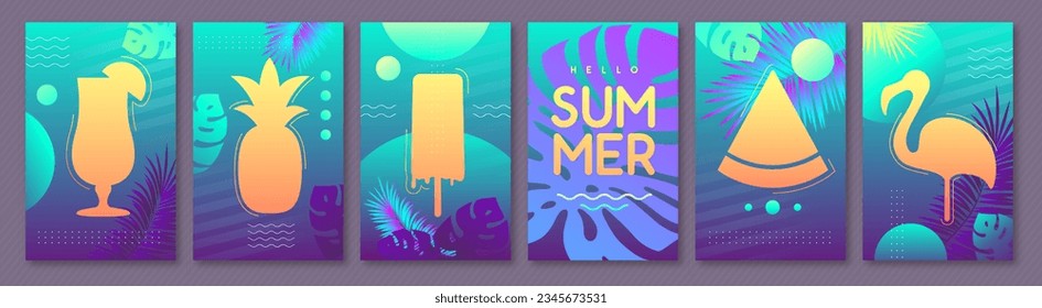 Set of fluorescent summer posters with silhouette. Vector illustration