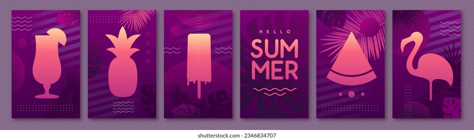 Set of fluorescent summer posters with silhouette. Vector illustration