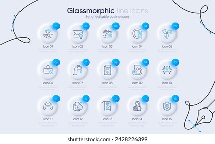Set of Fluorine mineral, Jobless and Feather line icons for web app. Dish, Verified mail, Consolidation icons. Security lock, Woman read, Phone message signs. Stand lamp, Thumb down, Gamepad. Vector