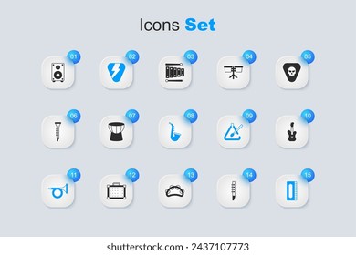 Set Flute, African darbuka drum, Guitar pick, Trumpet, Harmonica, Electric bass guitar, Stereo speaker and Saxophone icon. Vector